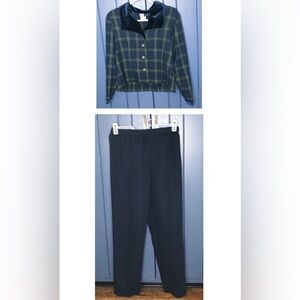 Vintage Dark Academia Suit Plaid Blazer Velvet Collar Navy Pants Size 6 8 Y2K